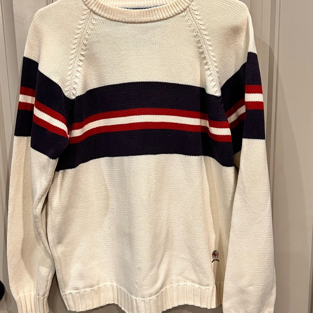 Tommy Hilfiger Crewneck Cable Knit Sweater Beige Crest Logo Mens Large
